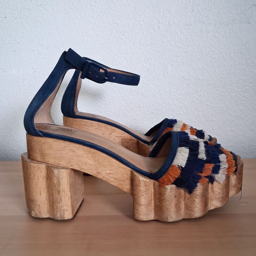 Tory Burch Fringe Platform Sandals Blue Suede SZ 8M Chunky Wood Buckle Strap - Picture 2 of 8